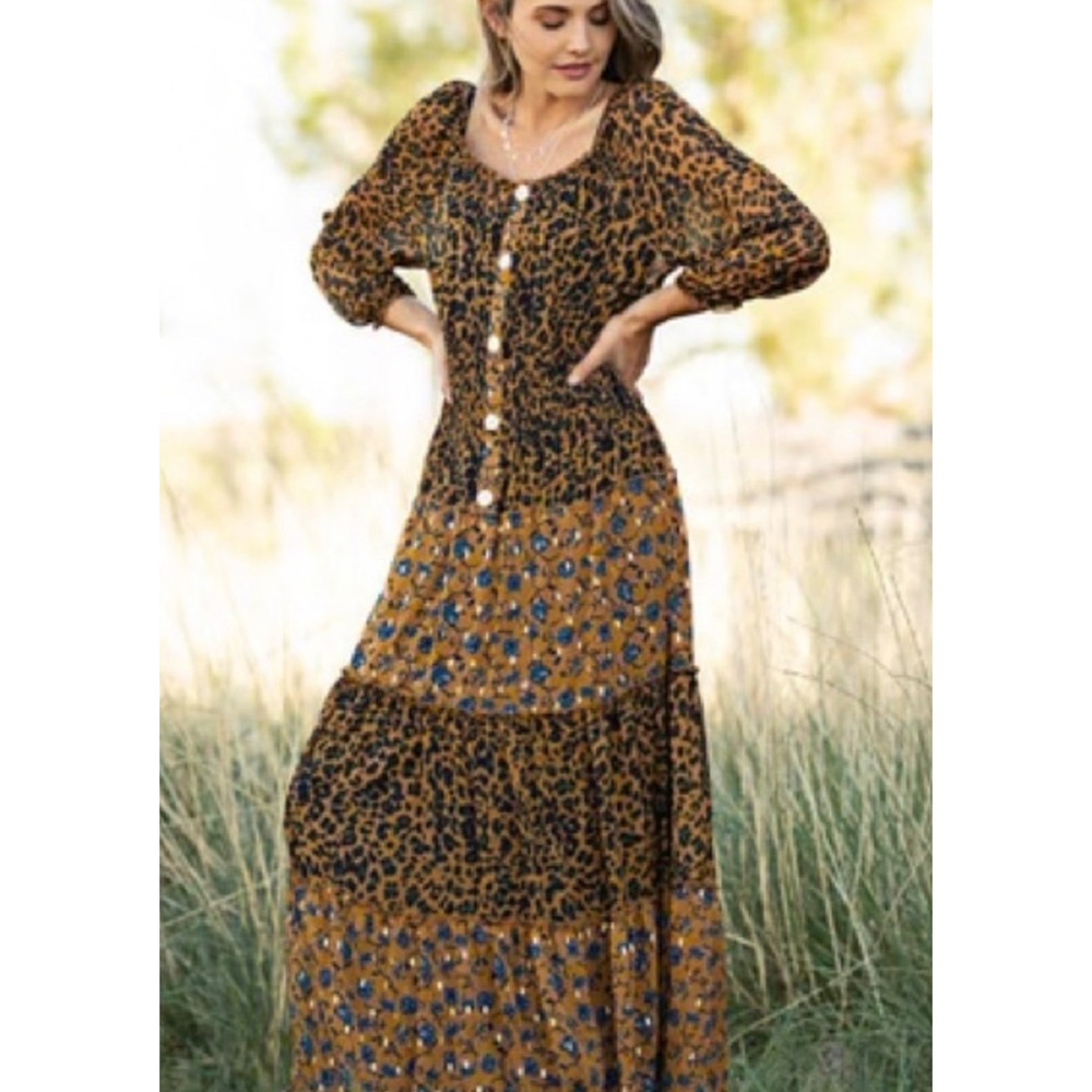 Anthropologie Fig & Flower Leopard Floral Print Smocked Tiered Maxi Dress M